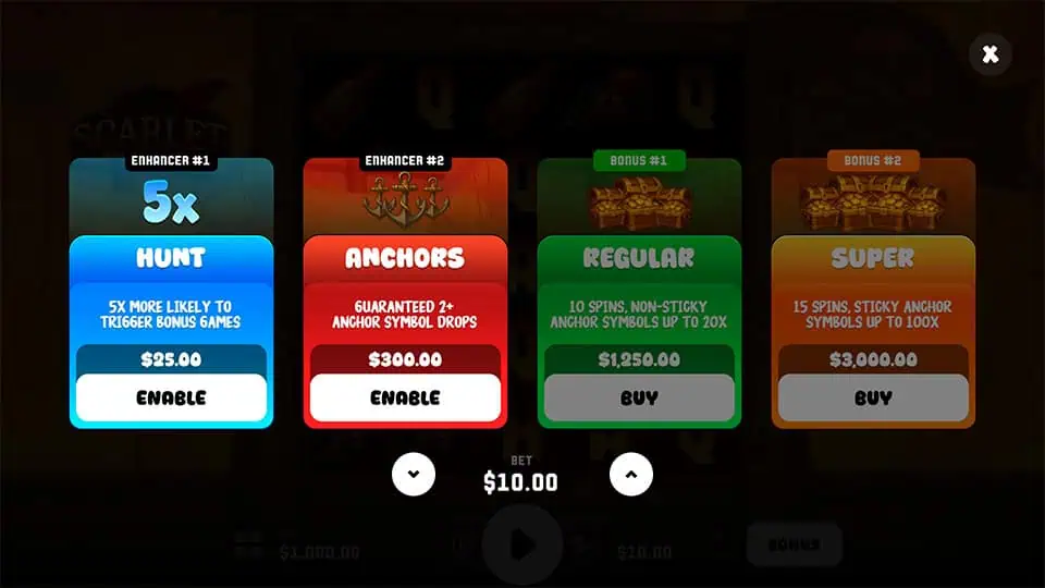 Scarlet Tides bonus buy menu with six options including 5x Hunt, Anchors, and Super Bonus with sticky wilds.