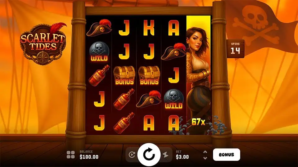 Scarlet Tides slot showing anchor character expanding to full reel wild with a 67x multiplier during free spins.