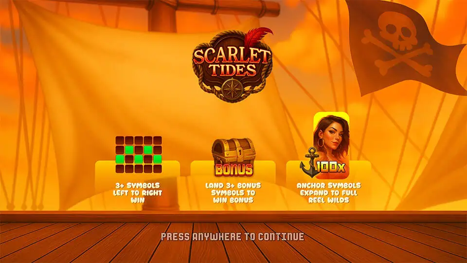 Scarlet Tides intro panel highlighting payline rules, bonus triggers, and anchor wild expansion up to 100x.