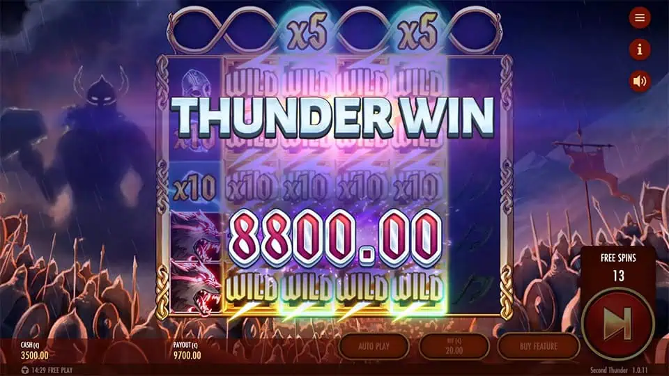 Thunder Win screen in Second Thunder slot showing glowing win text, x10 multipliers, and reels filled with wild symbols.