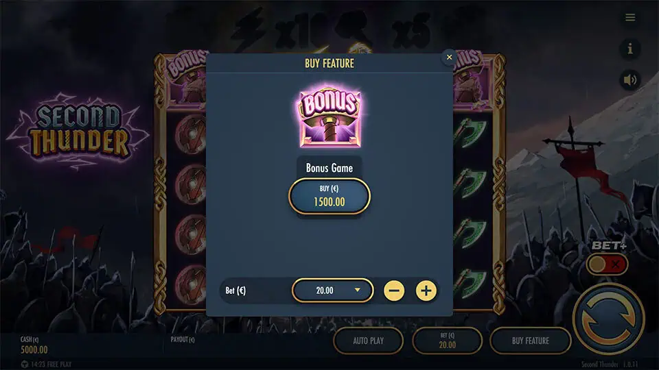 Bonus buy screen in Second Thunder slot offering a direct purchase of the bonus game for a fixed price, with adjustable bet value.