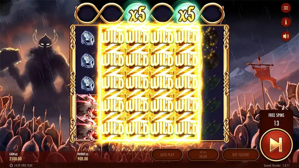 Wild Feature in Second Thunder slot with reels completely covered in stacked golden wilds and x5 multipliers active above the grid.