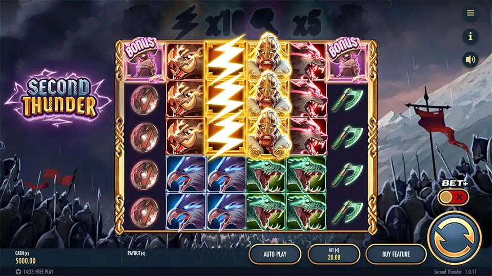 Main game screen of Second Thunder slot featuring Norse-inspired animal symbols, lightning wilds, and stacked reels.
