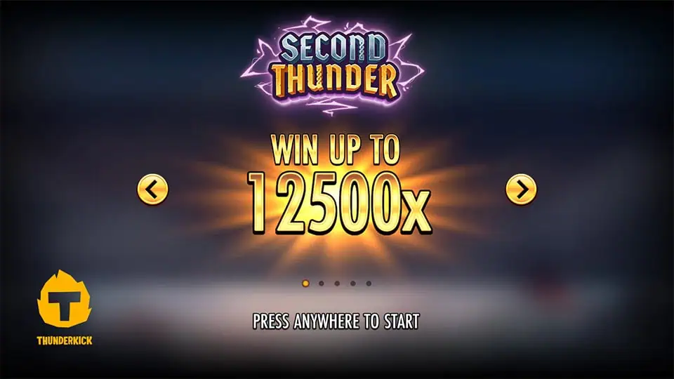 Intro panel of Second Thunder slot displaying max win of 12,500x and navigation arrows, set against a glowing thunder backdrop.