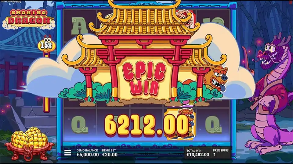 Epic Win banner with golden pagoda and clouds in Smoking Dragon slot, triggered during bonus round.