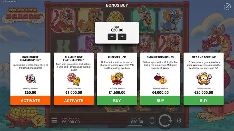Smoking Dragon bonus buy menu with five modes including Puff of Luck, Smoldering Riches, and Fire and Fortune.