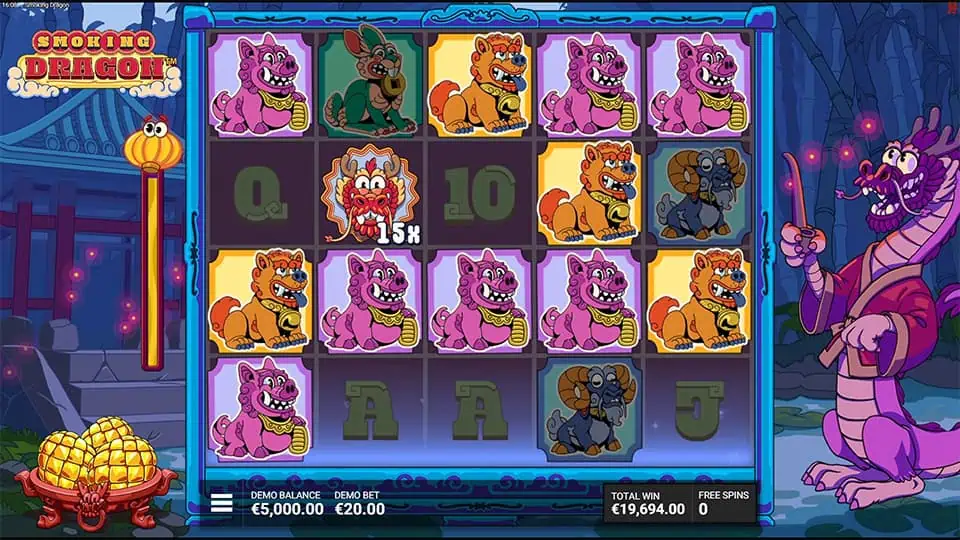 Bonus round in Smoking Dragon with red dragon symbol showing 15x multiplier and stacked high-paying tiles.