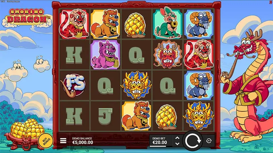 Main game screen of Smoking Dragon with cartoon-style animals, pineapples, and a dragon character beside the reels.