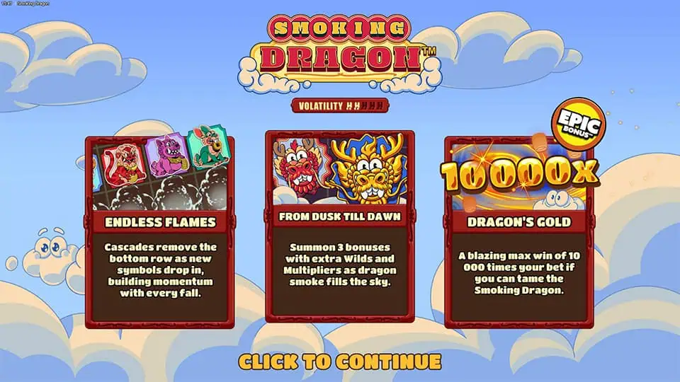 Smoking Dragon intro showing Endless Flames, bonus wilds, and 10,000x max win potential.