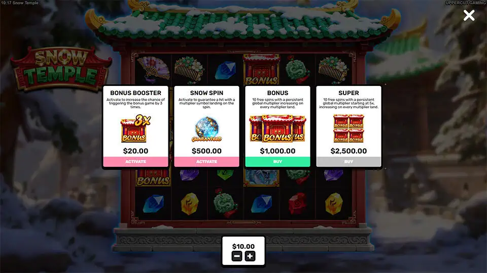 Snow Temple bonus buy screen offering four options like Bonus Booster, Snow Spin, and Super Bonus mode.