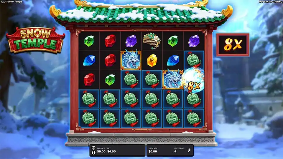 Snow Temple reels showing blue orb with active 8x multiplier next to a dragon and green jade symbols.