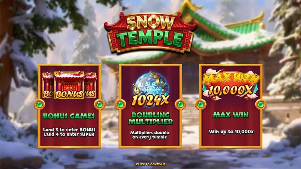 Snow Temple intro highlighting bonus games, doubling multiplier, and max win up to 10,000x.