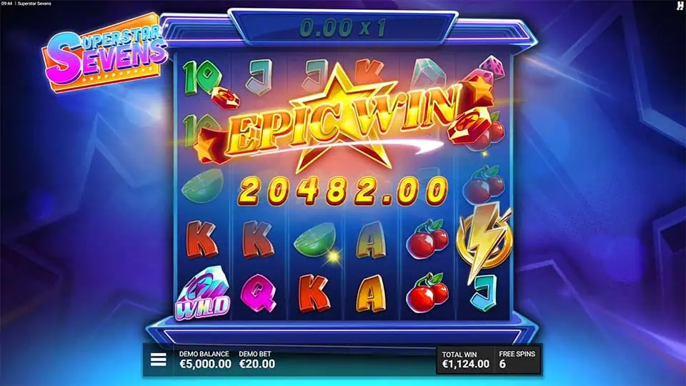 Epic Win animation in Superstar Sevens slot with a glowing golden star and win text surrounded by light bursts and symbols.