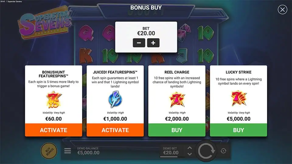 Bonus buy menu in Superstar Sevens offering spins like Bonushunt, Juiced!, Reel Charge, and Lucky Strike with varying volatility.