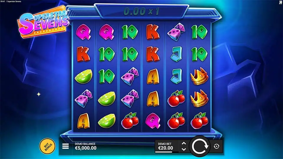 Base gameplay of Superstar Sevens slot showing vibrant fruit, dice, and gem symbols across six neon-lit reels.