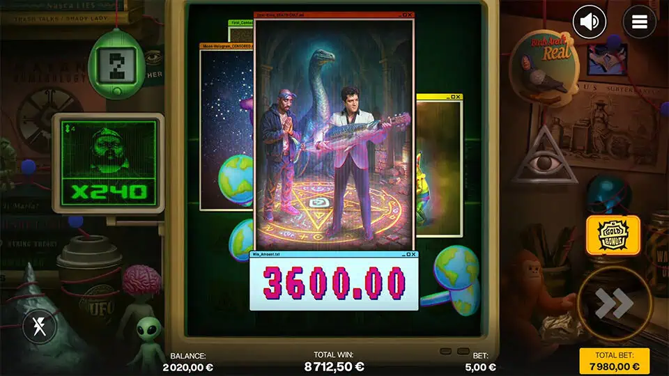 Animated win display showing two characters in a psychedelic scene with a guitar, surrounded by pop-ups and a retro digital win counter.