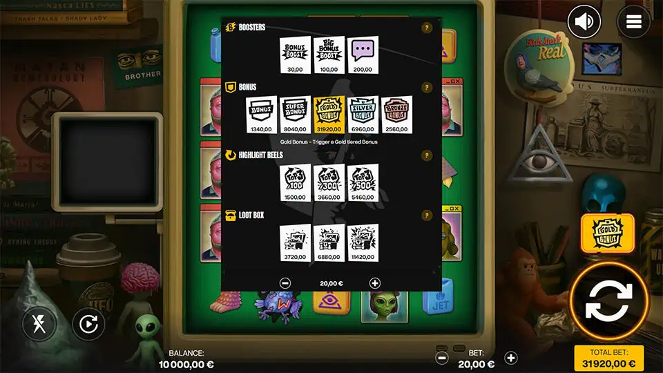 Buy menu listing Boosters, Bonus levels, Highlight Reels, and Loot Box options—each with tiered features like Gold, Silver, and Super Bonus variants.