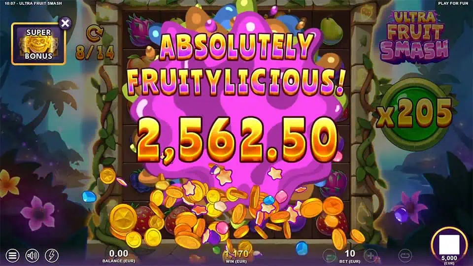 Ultra Fruit Smash slot showcasing a big win with the words “Absolutely Fruitylicious!” exploding in pink above golden coins.