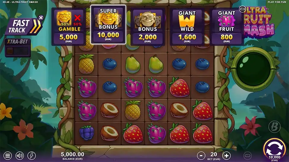 Ultra Fruit Smash slot showing the Fast Track menu with various bonus and symbol purchase options including Super Bonus, Bonus, and Giant Wild.