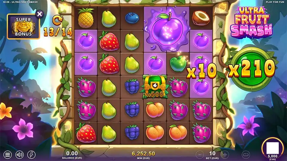 Ultra Fruit Smash bonus round with purple fruits and a green treasure chest symbol showing a 500x multiplier next to x10 and x210 win multipliers.