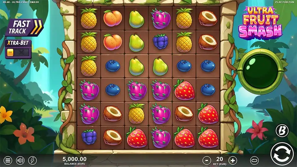 Ultra Fruit Smash slot base game featuring a large grid of vibrant fruit symbols like strawberries, pineapples, and coconuts.