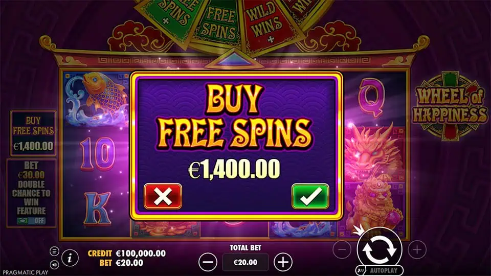 Buy Free Spins confirmation screen in Wheel of Happiness slot with large central prompt and glowing purple background.