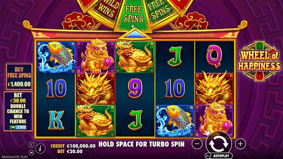 Base game screen of Wheel of Happiness slot showing vibrant reels with golden beasts and card symbols beneath the feature wheel.