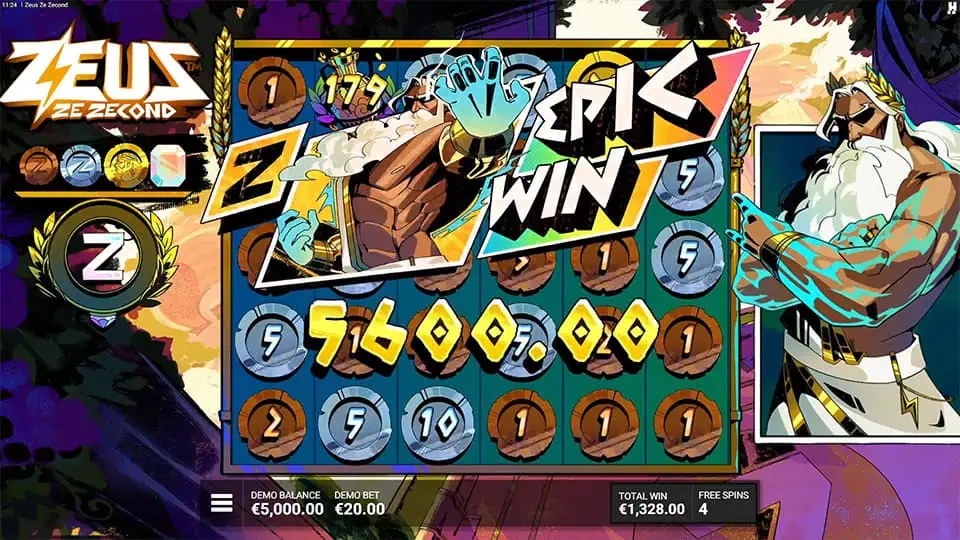 Epic Win screen in Zeus Ze Zecond slot with comic book graphics showing Zeus striking a powerful pose and coins bursting from the reels.