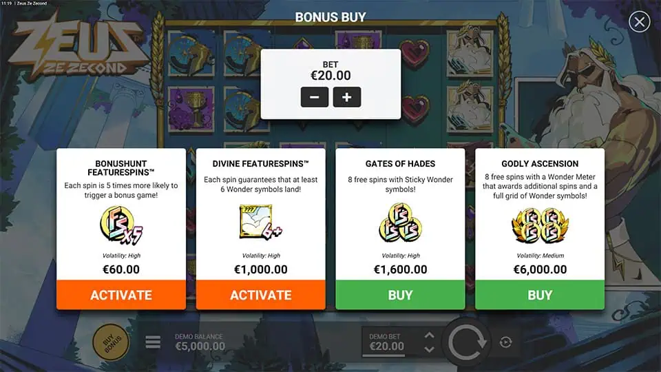 Bonus Buy screen in Zeus Ze Zecond showing multiple options including Bonushunt, Divine Featurespins™, Gates of Hades, and Godly Ascension.