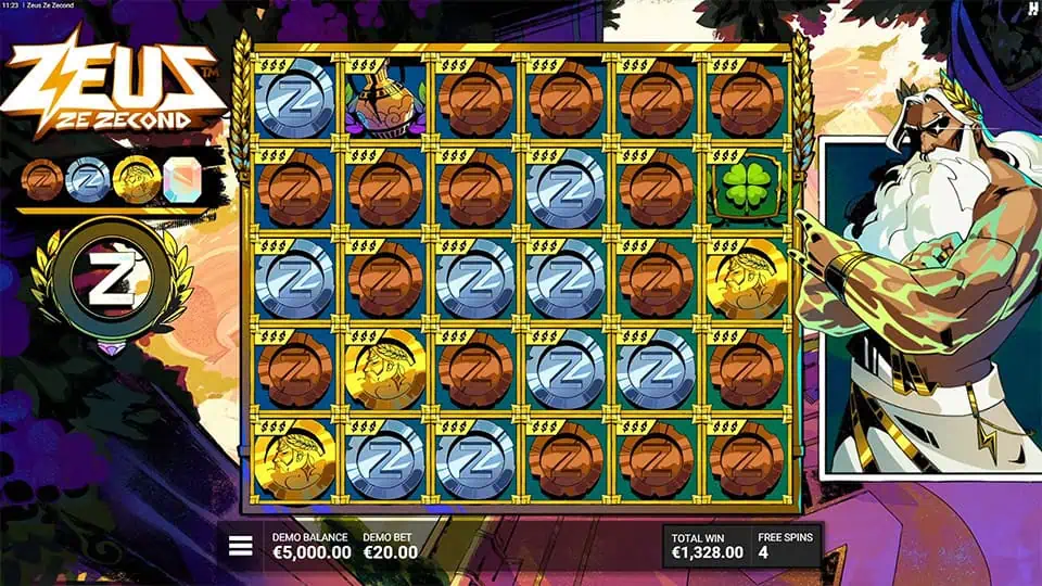 Wonder Reel feature in Zeus Ze Zecond with full grid of coins and ‘Z’ symbols, enhanced by glowing golden frames and Zeus watching proudly.