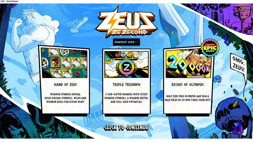 Zeus Ze Zecond intro panel highlighting features like Hand of Zeus, Triple Triumph bonuses, and a max win of 20,000x.
