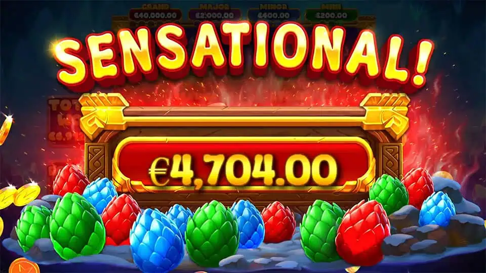 “SENSATIONAL!” win screen in 3 Magic Eggs slot with erupting red and gold visuals and colorful dragon eggs scattered on the ground.