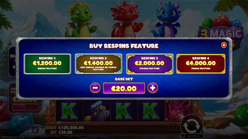 Buy Respins menu in 3 Magic Eggs slot offering four feature types including Single, Double, Triple, and Mixed Respins.
