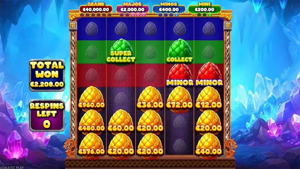 Active Dragon Eggs feature in 3 Magic Eggs slot showing yellow, red, green, and blue eggs with various collect and jackpot symbols.