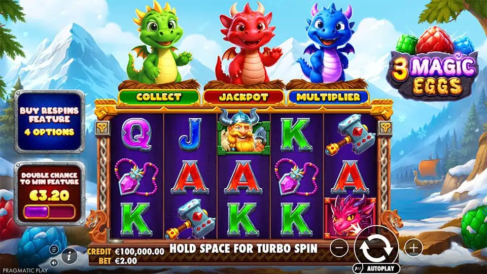 Base gameplay screen of 3 Magic Eggs slot featuring Norse symbols, three baby dragons above the reels, and a bright snowy landscape.