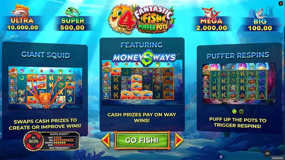 4 Fantastic Fish Puffer Pots slot intro screen