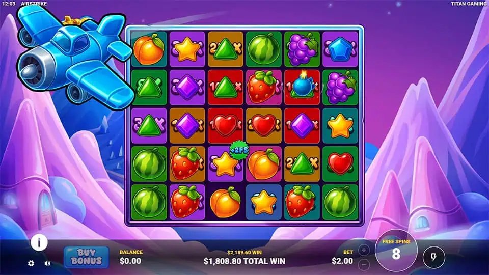 Free spins round in Airstrike slot with blue airplane flying over grid and +2FS bonus tile activated.