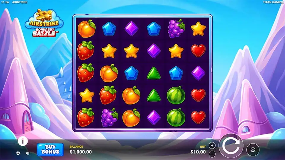 Base game screen of Airstrike slot showing fruits and gems on a vibrant 6x5 grid set in a candy-colored mountain world.