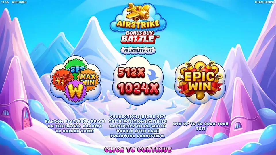 Airstrike intro panel showing max win up to 50,000x, bonus triggers, and multipliers like 512x and 1024x.