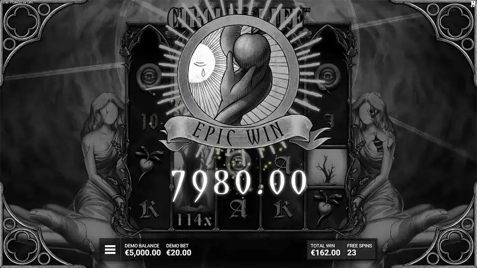 Epic Win display in Circle of Life slot featuring a glowing apple emblem and gothic art style with 114x multiplier on reels.