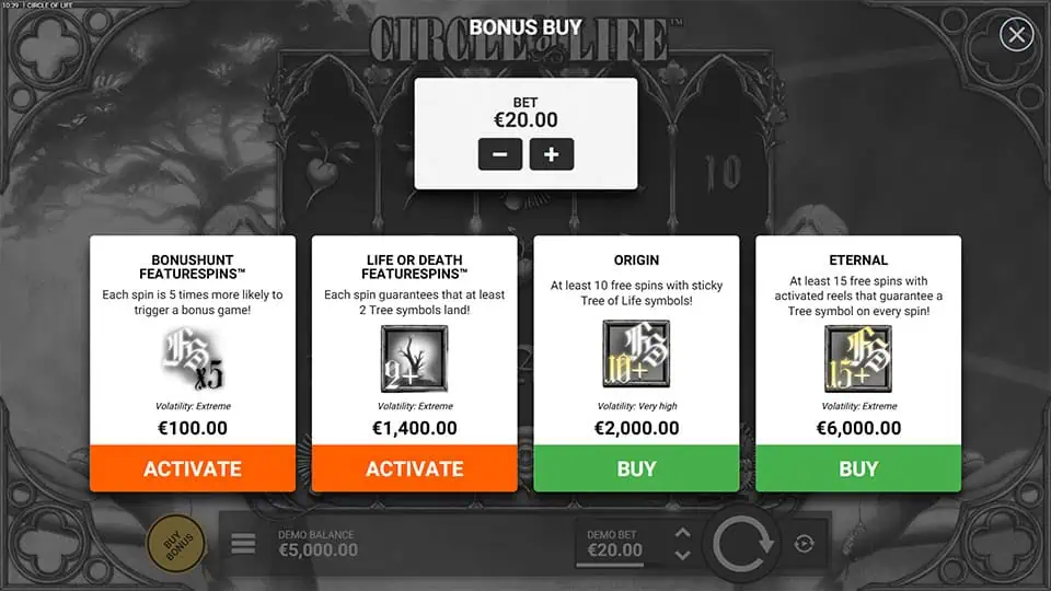 Bonus buy menu in Circle of Life slot showing Bonushunt, Life or Death, Origin, and Eternal modes with various volatility levels.