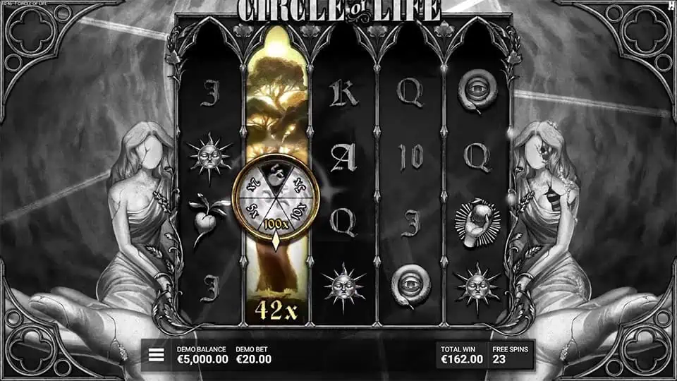 Active Tree of Life reel in Circle of Life slot with golden branches and a spinning prize wheel displaying multipliers.