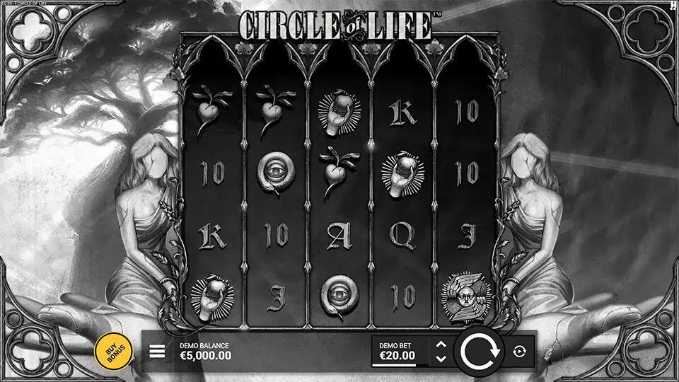 Base game of Circle of Life slot showing gothic reels with anatomical heart and eye symbols framed by faceless statues.