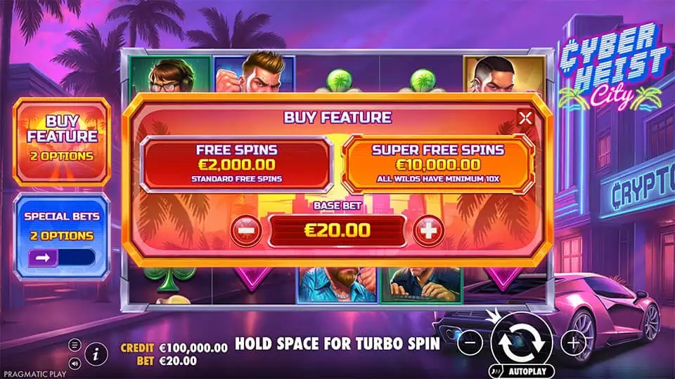Buy feature menu in Cyberheist City slot offering Free Spins and Super Free Spins options with base bet adjustment.