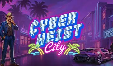 Cyberheist City slot logo with a neon-lit city street background and character in a suit standing next to a sleek sports car.
