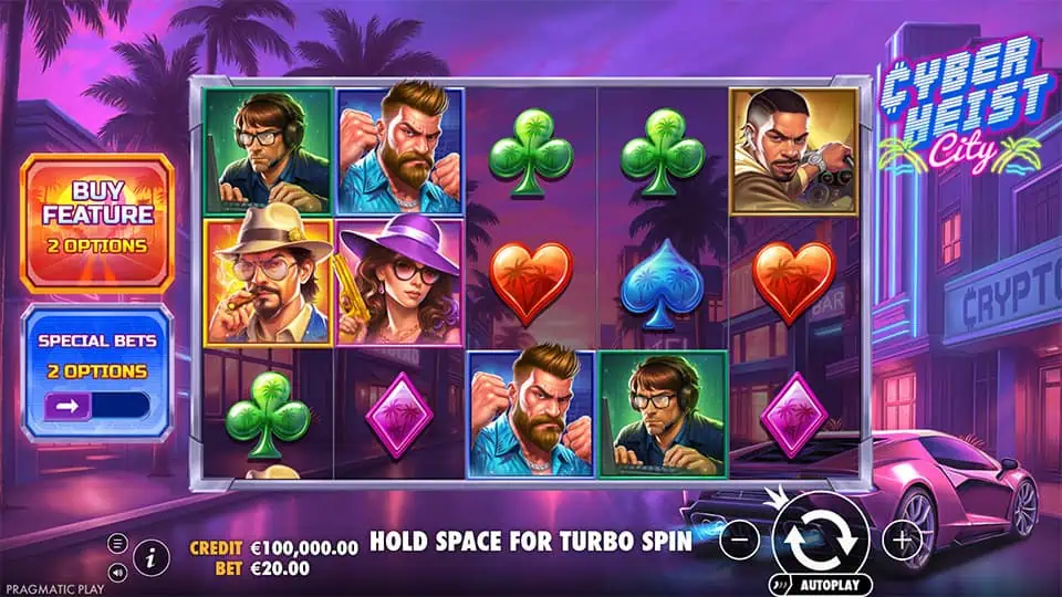 Base gameplay screen of Cyberheist City slot with heist crew symbols, neon suits, and palm trees lining a retro city backdrop.