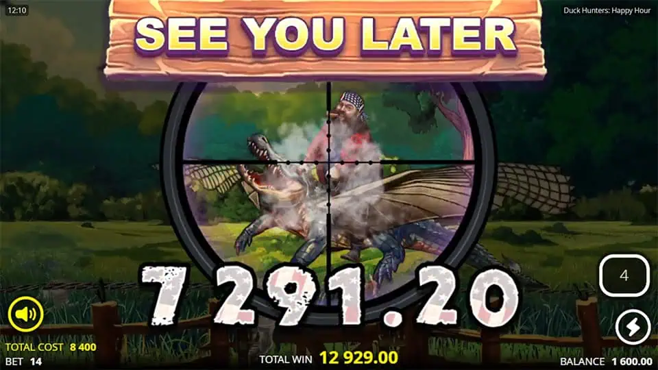 “See You Later” win screen in Duck Hunters: Happy Hour slot showing a hunter shooting through a scope with victory text and animated win effects.