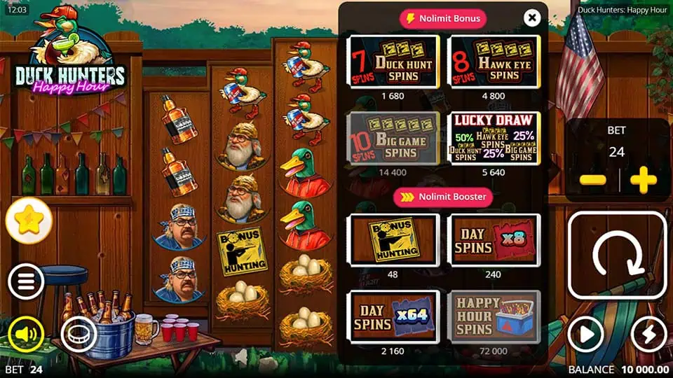 Bonus buy screen in Duck Hunters: Happy Hour slot showing Nolimit Bonus and Booster options like Duck Hunt Spins, Day Spins, and Happy Hour Boosts.