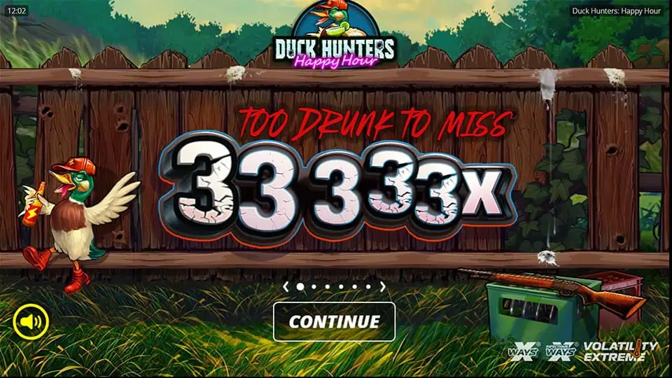 Intro panel for Duck Hunters: Happy Hour slot highlighting a max win of 33,333x, “Too Drunk to Miss” slogan, and game volatility tiers.