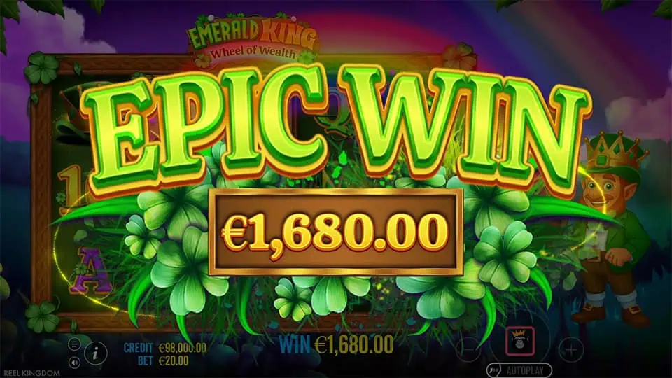 Epic win animation with bold green "EPIC WIN" text surrounded by glowing clovers and lively background effects.
